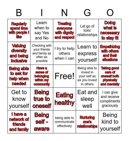 Social wellness Bingo Card