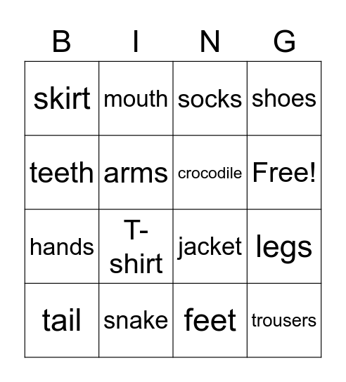 Kids Box Unit 7-8 Bingo Card