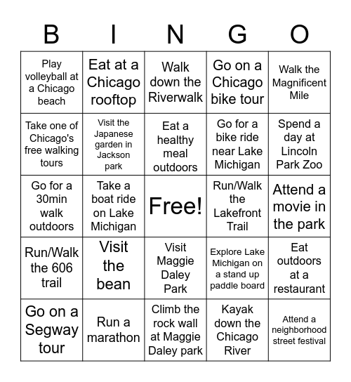 Chicago Summer Wellness Bingo Card
