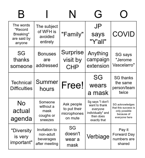 Staff Meeting Bingo Card