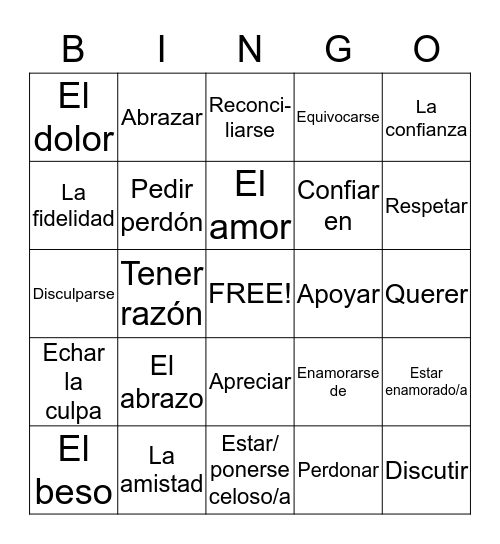 Spanish 2 Chapter 2  A Bingo Card