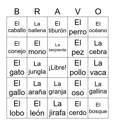 Los animales Bingo Card