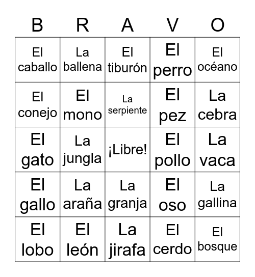 Los animales Bingo Card