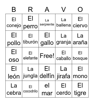 Los animales Bingo Card