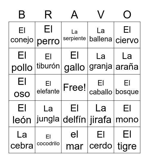 Los animales Bingo Card