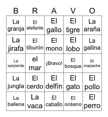 Los animales Bingo Card