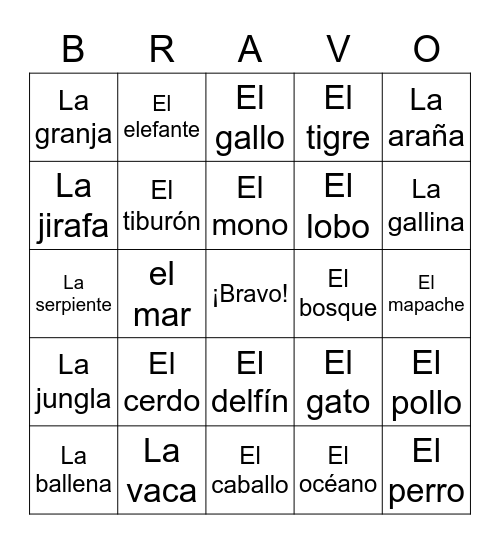 Los animales Bingo Card