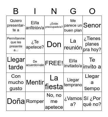 Spanish 2 Chapter 2  B Bingo Card