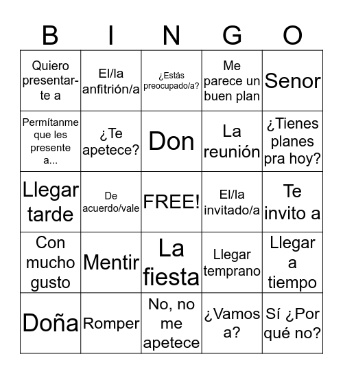 Spanish 2 Chapter 2  B Bingo Card