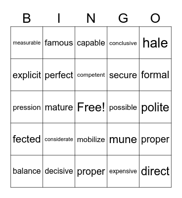im & in prefix Bingo Card