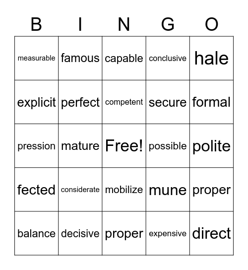 im & in prefix Bingo Card