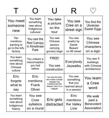 ♡ Tour Bingo! ♡ Bingo Card