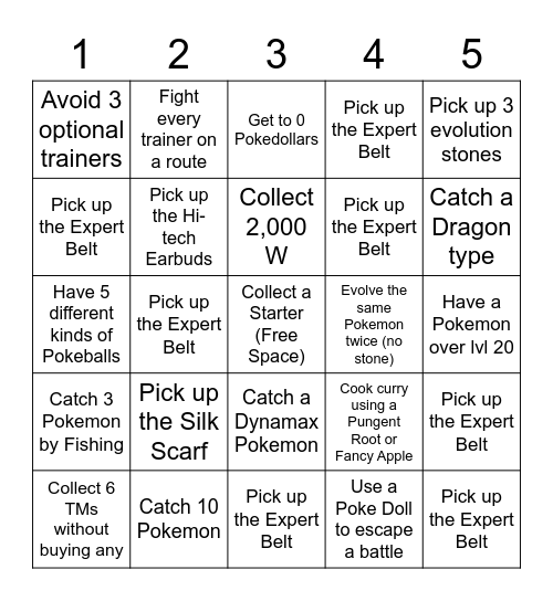 Sword and Shield Lockout Bingo Card