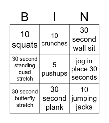 Random Exercise Bingo Card