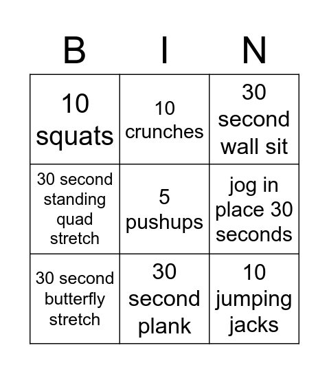 Random Exercise Bingo Card
