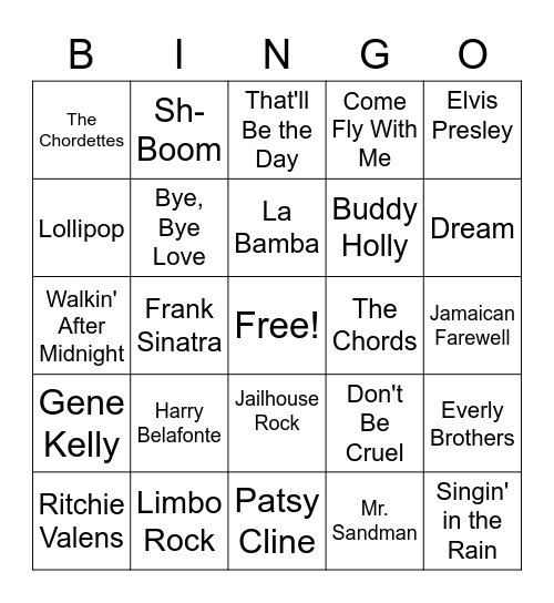 1950s Famous Songs and Artists Bingo Card