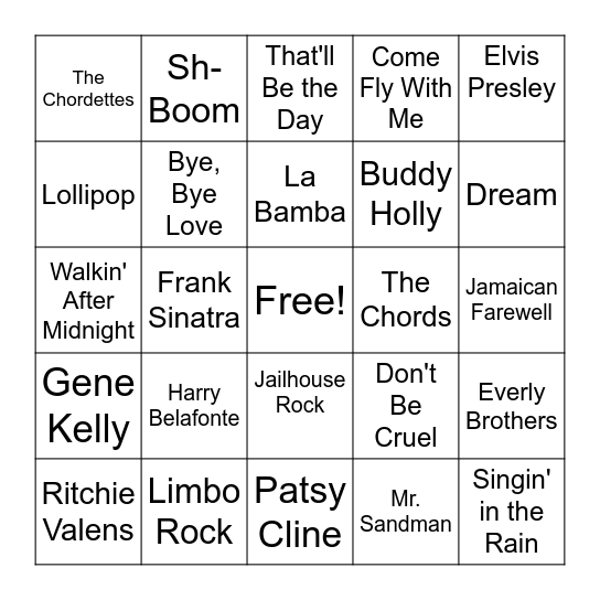 1950s Famous Songs and Artists Bingo Card