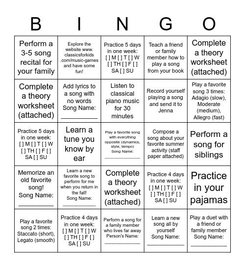 SUMMER BREAK PIANO BINGO Card