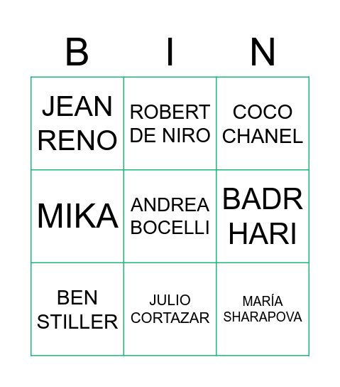 CÉLÉBRITÉS DU MONDE Bingo Card