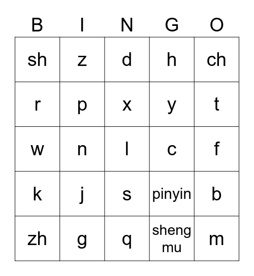 Pinyin: shēngmǔ - Initial Sounds Bingo Card