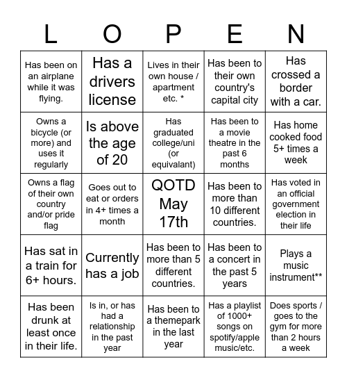 QOTD May 17th Bingo Card