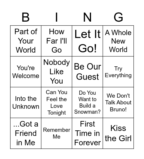 Disney Music Bingo Card