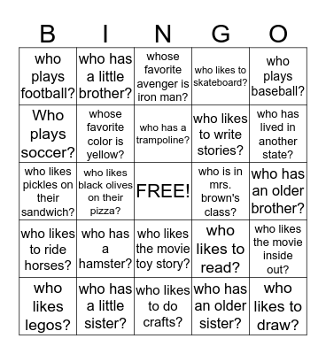 getting to know you Bingo Card