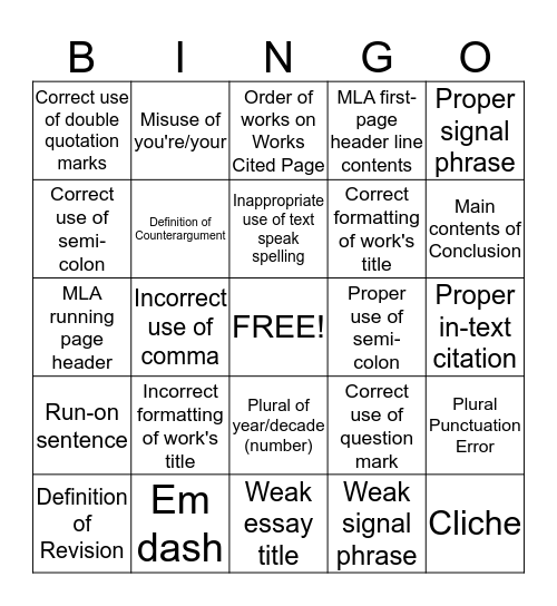 Grammar Bingo Card