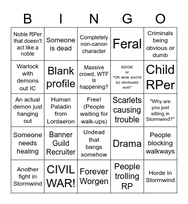 Stormwind RP Bingo Card