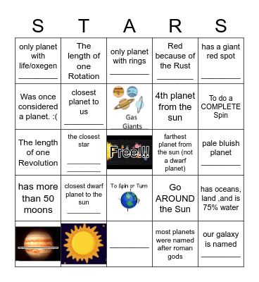 Solar System Bingo Card