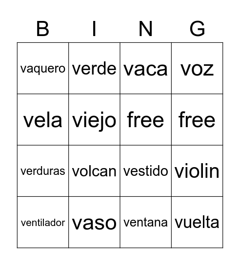 LETRA V Bingo Card