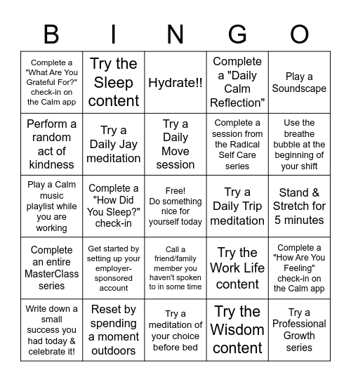 Calm Self-Care Bingo Card