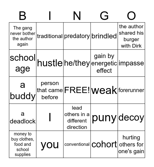 Dirk the Protector Bingo Card