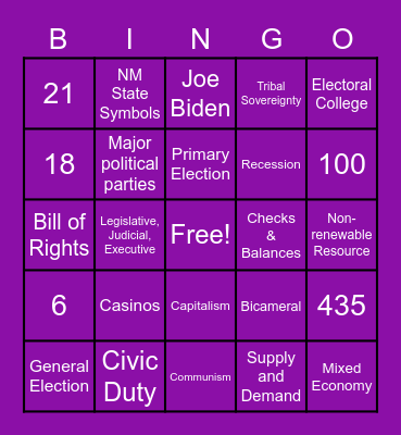 4th 9-Weeks Review (Government/Law/Economy) Bingo Card