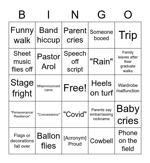 Graduation Bingo Card