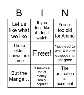 Anime Fanboy Defense Force Bingo Card