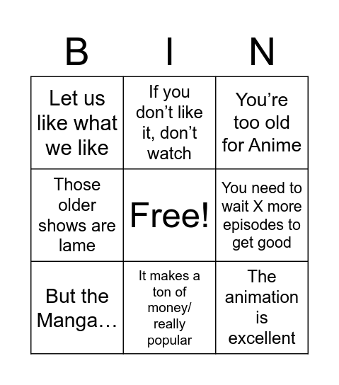 Anime Fanboy Defense Force Bingo Card