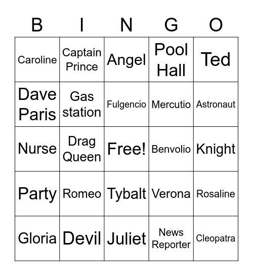 Romeo and Juliet 1996, Act 1 Bingo Card