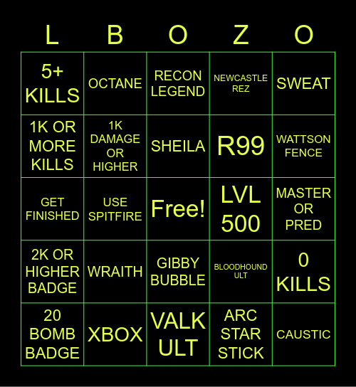 Apex Spectate Bingo Card