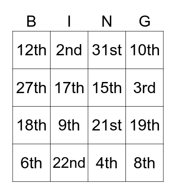 Ordinal Numbers Bingo Card