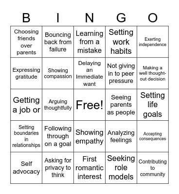 Terrible Teens Bingo Card