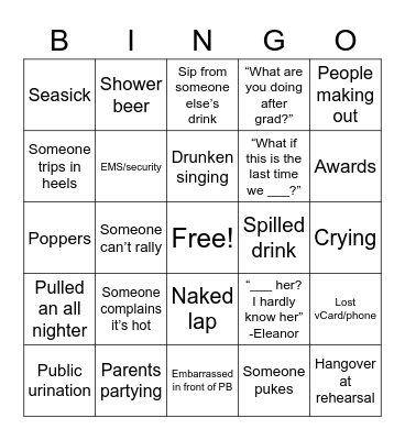 Senior Week Bingo Card