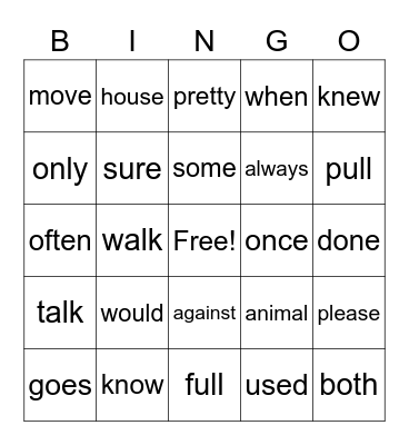 Trick Words Bingo Card