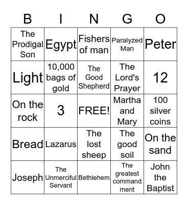 Children's Church  Bingo Card