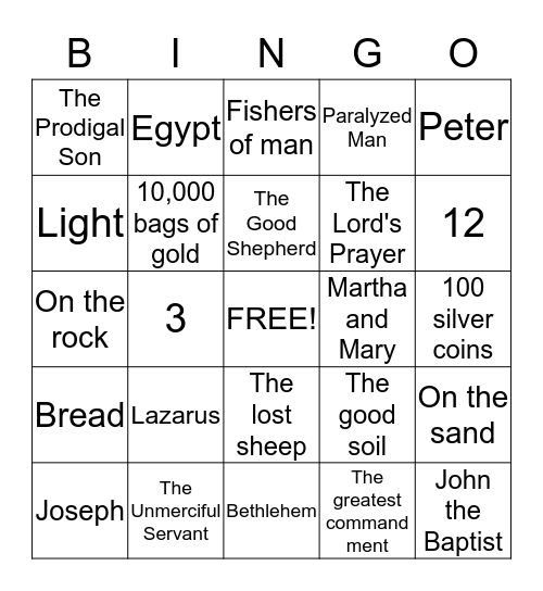 Children's Church  Bingo Card