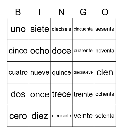 Bingo  en Español Bingo Card
