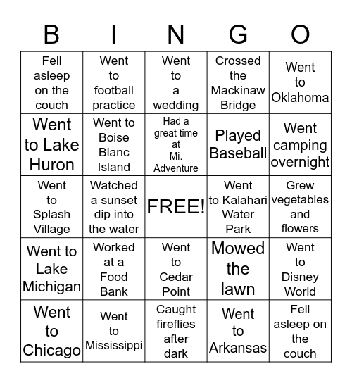 "What I did on my summer vacation"  Focus Class 2015-16 Bingo Card