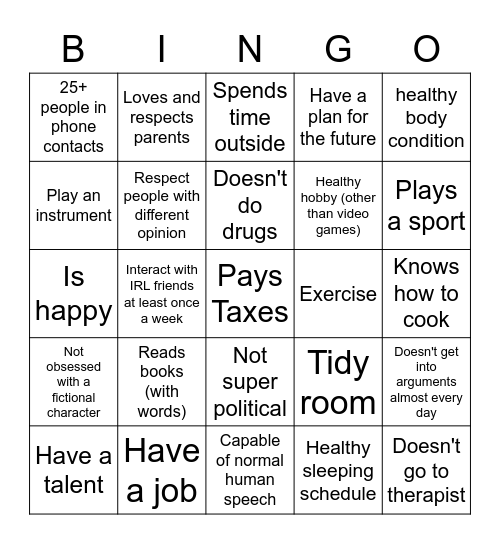 Normal Human Bingo Card