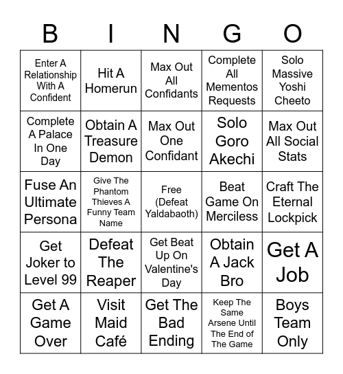 Persona 5 Bingo Card