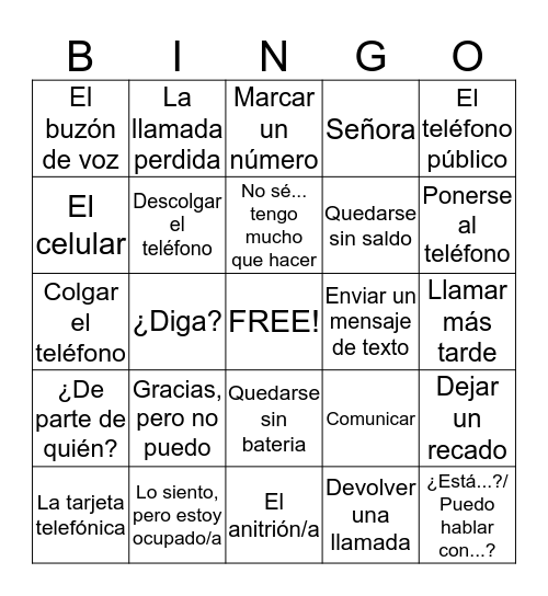Spanish 3 Chapter 2 D Bingo Card